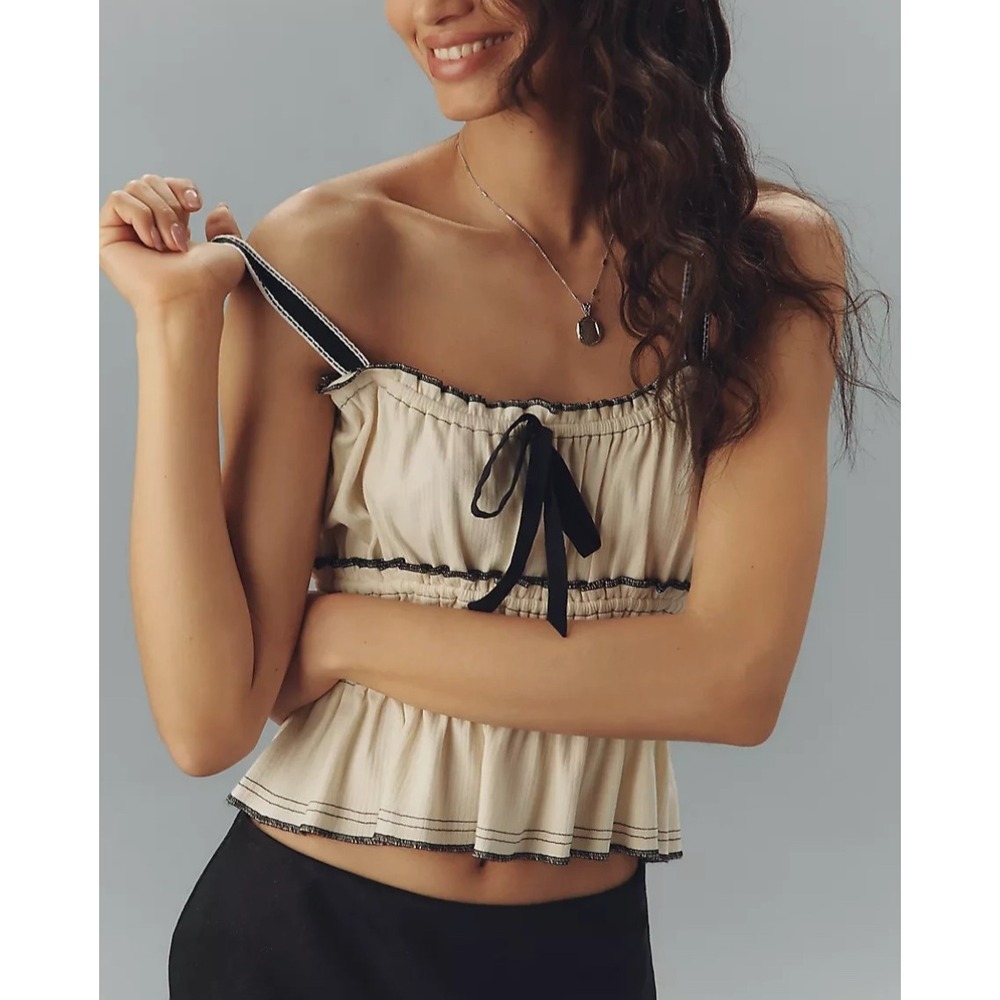 Pilcro Anthropologie Tiered Creme Ruffle Ruched Peplum Top Women M NWT
